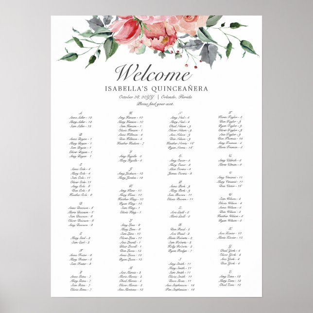 Póster Elegante Invitación de Quinceañera floral rosa (Frente)