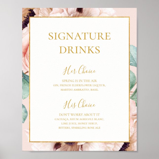 Póster Elegante Jardín Floral | Bebidas con firma para pa (Frente)