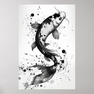 Póster Elegante Koi Fish Pond Black Stroke Flat Illustrat