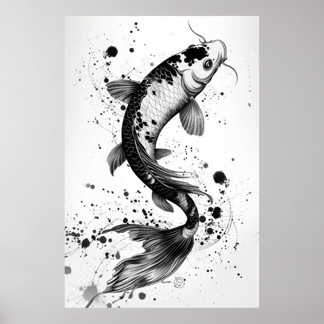 Póster Elegante Koi Fish Pond Black Stroke Flat Illustrat (Frente)