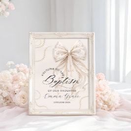 Póster Elegante lazo beige con bienvenida de bautizo con