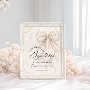 Póster Elegante lazo beige con bienvenida de bautizo con 