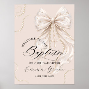 Póster Elegante lazo beige con bienvenida de bautizo con 