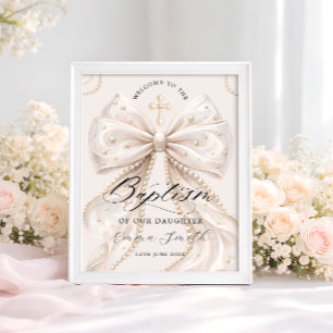 Póster Elegante lazo Coquette con bienvenida de bautizo d