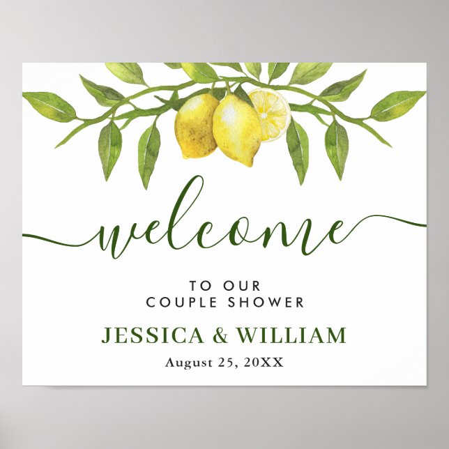Póster Elegante Lemons Green COUPLE SHOWER Bienvenidos (Frente)