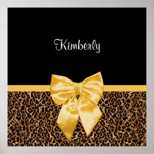 Póster Elegante Leopard Print Elegant Yellow Bow and Name