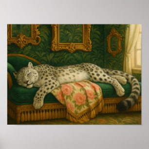 Póster Elegante leopardo de las nieves durmiendo en una l