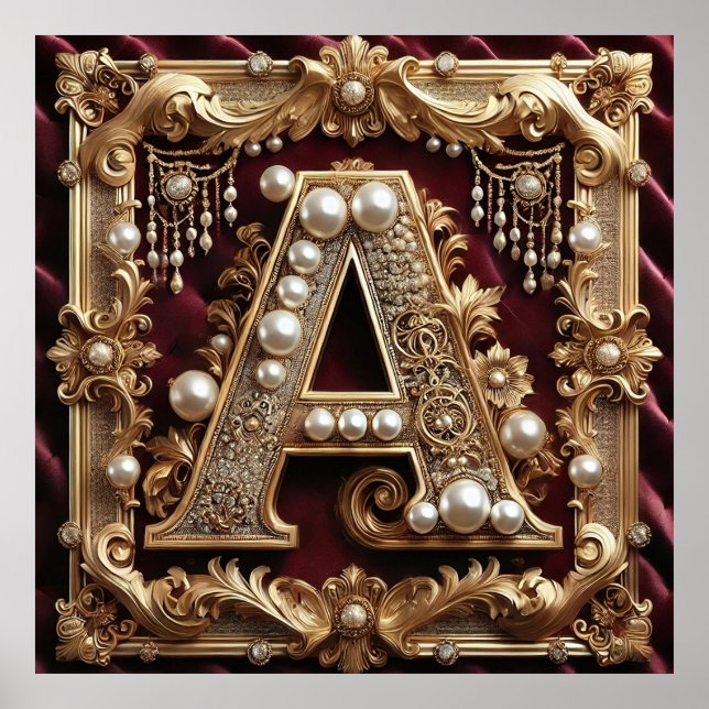 Póster Elegante Letra A Dorada Ornamentada Con Perlas (Frente)