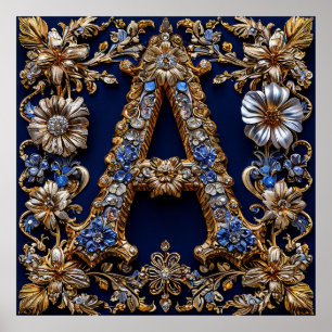 Póster Elegante letra dorada "A" con adornos florales orn