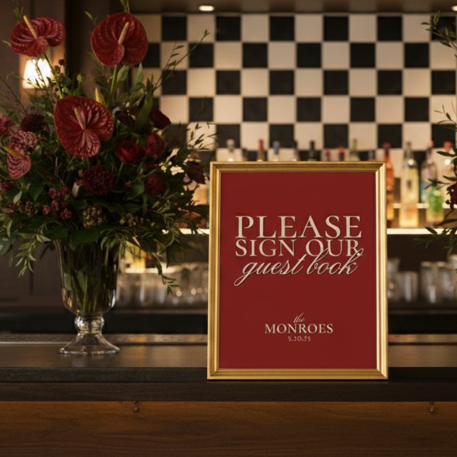 Póster Elegante libro de guion clásico de Boda rojo (Invite guests to leave their love and well wishes with this Old Money Red Wedding Guestbook Sign!)