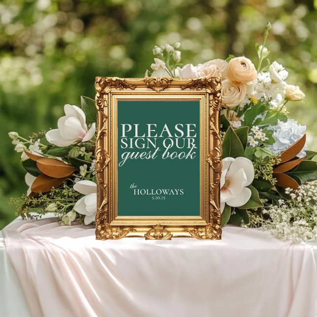 Póster Elegante libro de guion Sage Green Boda (Elegant Script Sage Green Wedding Guestbook)
