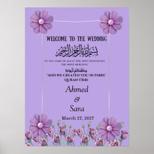 Póster Elegante Lila Floral Perla Boda