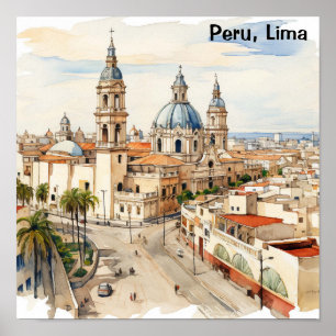 Póster Elegante Lima Perú Vista Panorámica Acuarela