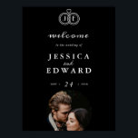 Póster Elegante Lujo Negro Blanco Monograma Foto Boda<br><div class="desc">Romántico Chic Simple Negro y Blanco Lujo Caligrafía Corazón Lazos Anillos Monograma Foto Póster de Boda.</div>
