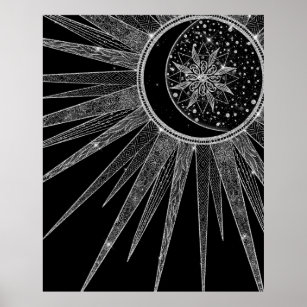 Póster Elegante luna de sol plateado Mandala Diseño negro