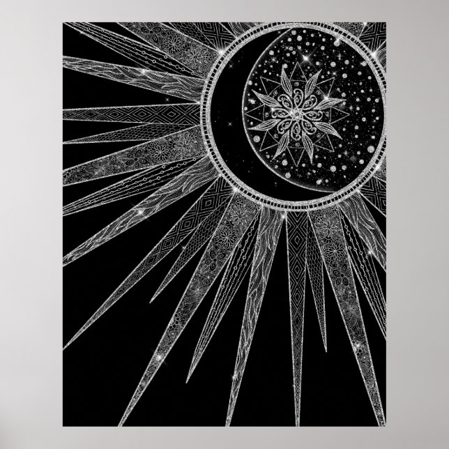 Póster Elegante luna de sol plateado Mandala Diseño negro (Frente)