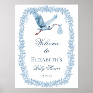 Póster Elegante marco de toile floral azul Stork Bienveni