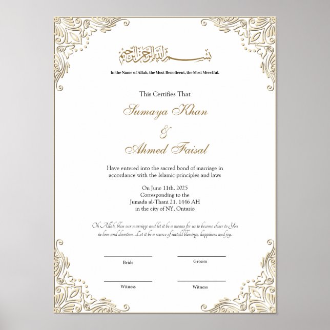 Póster Elegante marco dorado Certificado musulmán de nikk (Frente)
