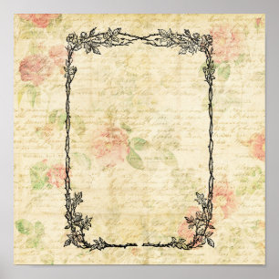 Póster Elegante marco floral Rosa guión de papel Añadir t