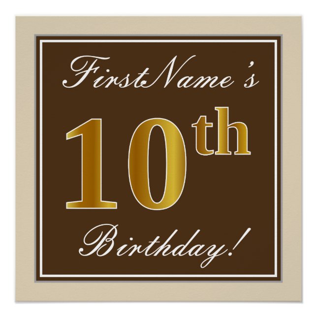 Póster Elegante, marrón, falso oro 10 cumpleaños + nombre (Anverso)