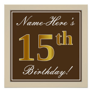 Póster Elegante, marrón, falso oro 15 cumpleaños + nombre