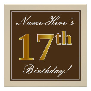 Póster Elegante, marrón, falso oro 17 cumpleaños + nombre