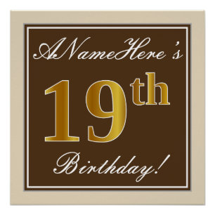 Póster Elegante, marrón, falso oro 19 cumpleaños + nombre