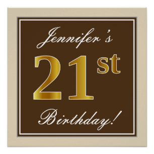 Póster Elegante, marrón, falso oro 21 cumpleaños + nombre