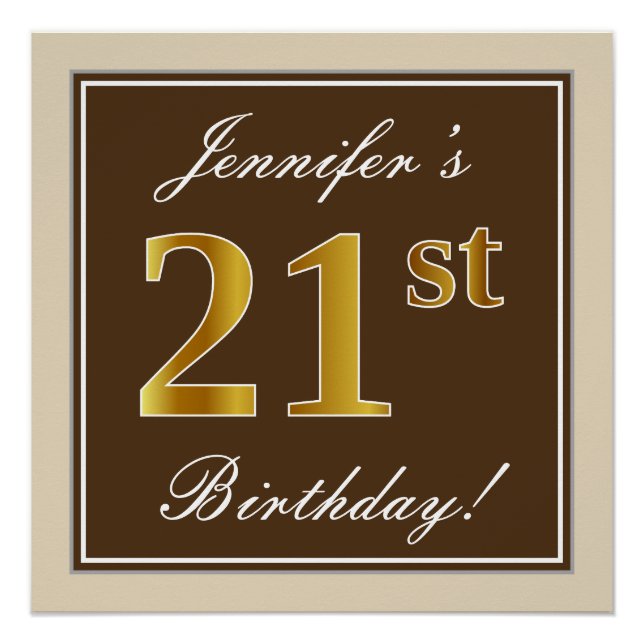 Póster Elegante, marrón, falso oro 21 cumpleaños + nombre (Anverso)
