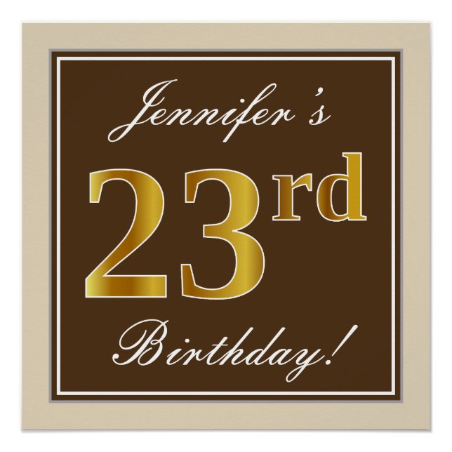 Póster Elegante, marrón, falso oro 23 cumpleaños + nombre (Anverso)