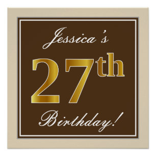 Póster Elegante, marrón, falso oro 27 cumpleaños + nombre