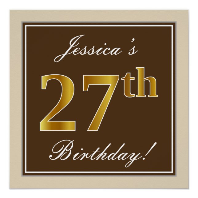 Póster Elegante, marrón, falso oro 27 cumpleaños + nombre (Anverso)