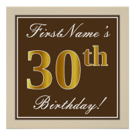 Póster Elegante, marrón, falso oro 30 cumpleaños + nombre