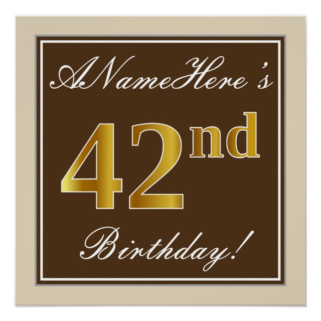 Póster Elegante, marrón, falso oro 42 cumpleaños + nombre (Anverso)