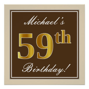 Póster Elegante, marrón, falso oro 59 cumpleaños + nombre