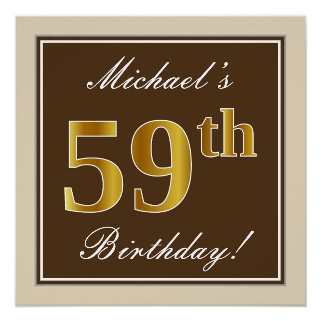 Póster Elegante, marrón, falso oro 59 cumpleaños + nombre (Anverso)