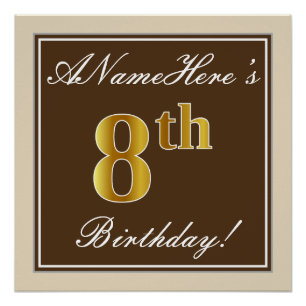 Póster Elegante, marrón, falso oro 8 cumpleaños + nombre