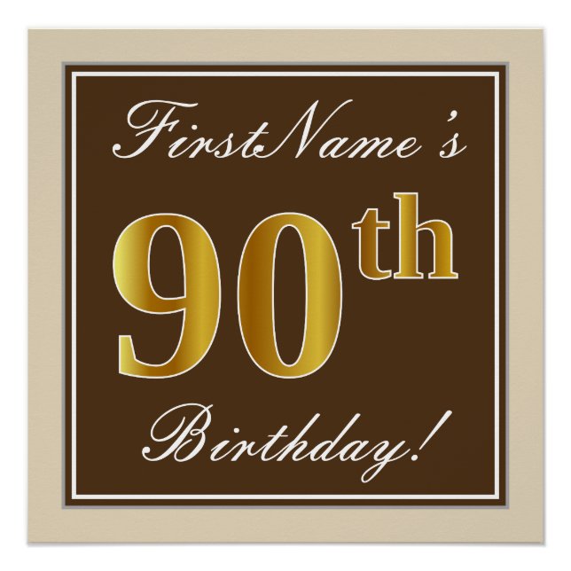 Póster Elegante, marrón, falso oro 90 cumpleaños + nombre (Anverso)