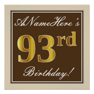 Póster Elegante, marrón, falso oro 93 cumpleaños + nombre