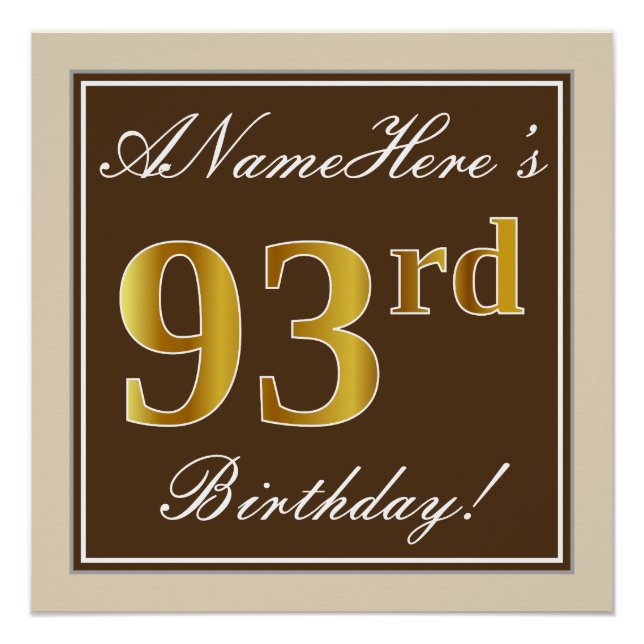 Póster Elegante, marrón, falso oro 93 cumpleaños + nombre (Anverso)