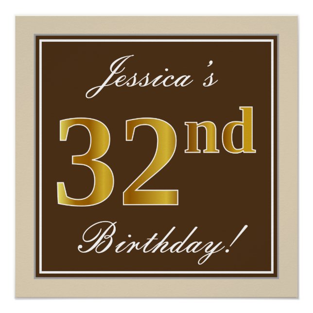 Póster Elegante, marrón, falso oro Cumpleaños 32 + Nombre (Anverso)