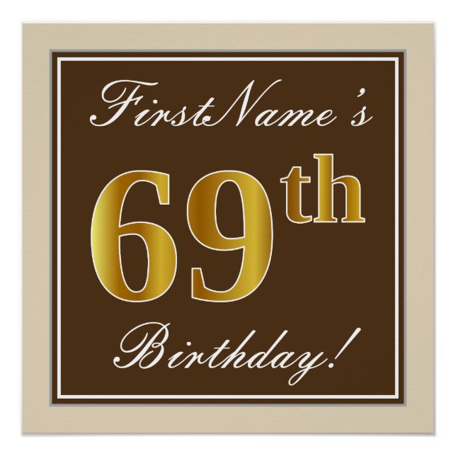 Póster Elegante, marrón, falso oro Cumpleaños 69 + Nombre (Anverso)