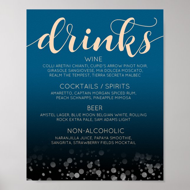 Póster Elegante menú de bar de Bodas oceánicos azules (Frente)