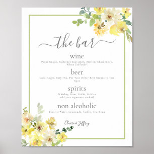Póster Elegante menú de Boda verde floral amarillo