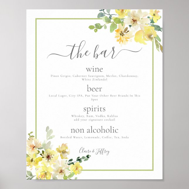 Póster Elegante menú de Boda verde floral amarillo (Frente)