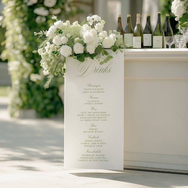 Póster Elegante menú de papel para bar de bebidas de boda (Elegant Sage Green Wedding Drinks Bar Menu)