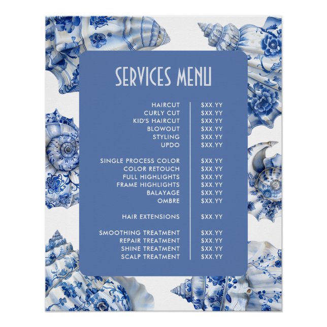 Póster Elegante menú de servicios de mariscos azules (Anverso)