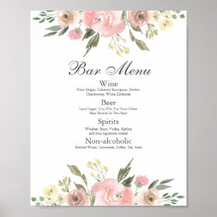 Póster Elegante menú Rubor Pink Floral Boda Bar