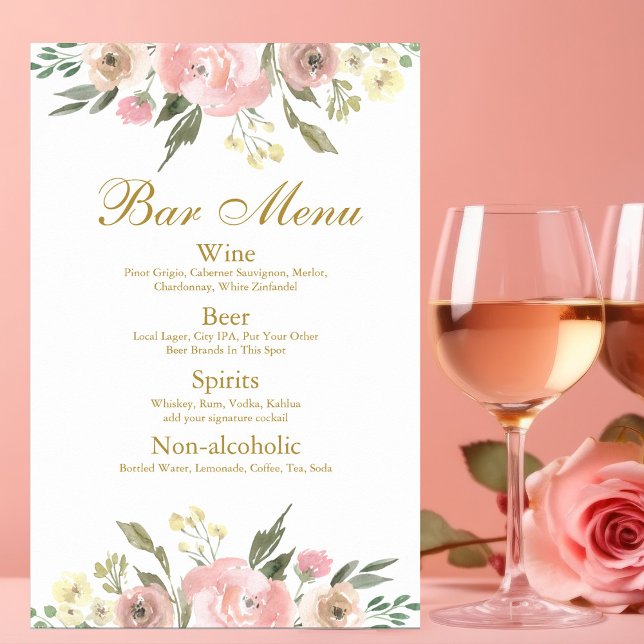 Póster Elegante menú Rubor Pink Gold Floral Boda Bar (Subido por el creador)