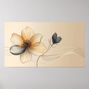 Póster Elegante Minimalista Flor Botánica Dorada y Beige